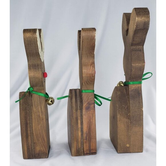 Vintage Christmas Wooden Reindeer Rudolph Family Set Jingle Bell Collar - Picture 4 of 5